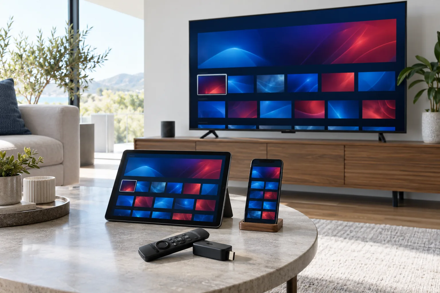 Smart TV, tablet, phone and streaming remote showing a generic media grid