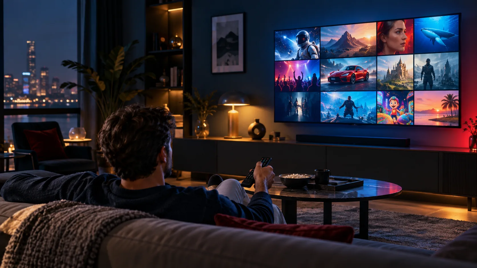 Living room with a large television displaying an abstract media category grid